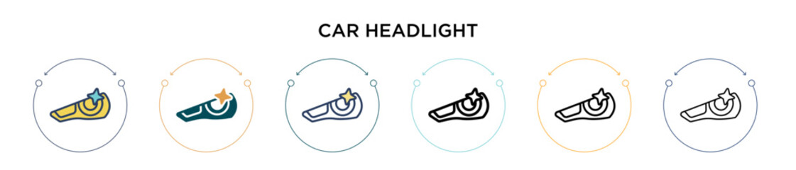 Car headlight icon in filled, thin line, outline and stroke style. Vector illustration of two colored and black car headlight vector icons designs can be used for mobile, ui, web