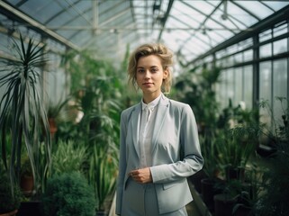 Wall Mural - Portrait of a beautiful young businesswoman in a greenhouse, wearing a suit.