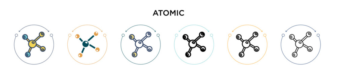 Atomic icon in filled, thin line, outline and stroke style. Vector illustration of two colored and black atomic vector icons designs can be used for mobile, ui, web