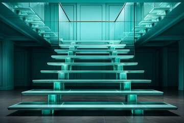 Fototapete - A minimalist modern staircase with floating steps and glass railings, creating an illusion of weightlessness. Generative AI technology.