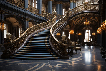 Poster - A grand spiral staircase with ornate wrought iron railings, ascending through a luxurious marble foyer.  Generative AI technology.