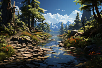 Poster - A series of stepping stones crossing a tranquil pond, creating an inviting pathway through a serene landscape.  Generative AI technology.
