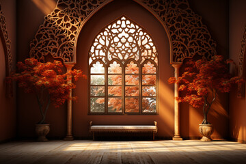 Poster - Moroccan-style window with intricate geometric patterns, casting intricate shadows in a vibrant interior.  Generative AI technology.