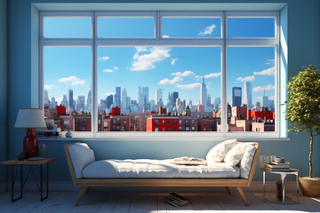 Poster - A minimalist window in a sleek urban apartment, framing a view of towering skyscrapers against a clear blue sky. Generative AI technology.