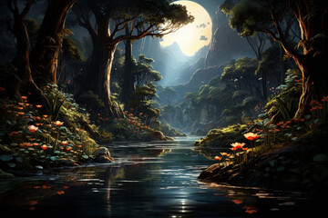 Aufkleber - A peaceful oasis with bulrushes and water lilies, offering a sense of relaxation and serenity.  Generative AI technology.