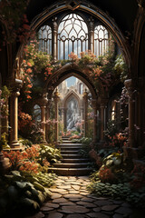 Poster - An ornate iron gate leading to a hidden garden, framed by ivy-covered stone walls and blooming flowers.  Generative AI technology.