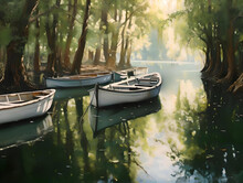 Watercolor Painting Of Three Rowing Boats Lying In A Tributary Of A River - Generative Ai