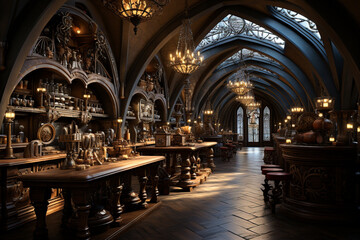 Poster - A wine cellar with a barrel-vaulted ceiling and spotlights that highlight key sections of the collection.  Generative AI technology.