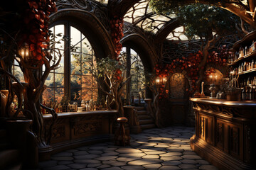 Poster - A wine cellar with a mosaic-tiled floor and decorative wall murals, adding a touch of artistry. Generative AI technology.