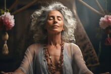 A Serene Elderly Woman With Closed Eyes During Yoga Meditation, Generative Ai