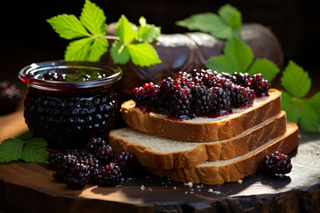 Aufkleber - black currant jam with bread on wood background . Generative AI technology.