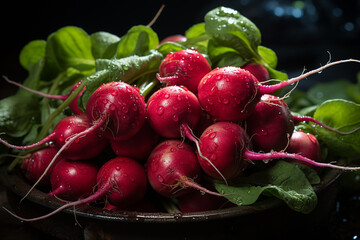Aufkleber - Bunch of radishes. Freshly harvested, purple colorful radish. Growing radish. Growing vegetables.  Generative AI technology.