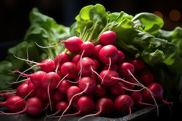 Aufkleber - Bunch of radishes. Freshly harvested, purple colorful radish. Growing radish. Growing vegetables.  Generative AI technology.