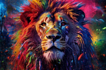 Wall Mural - A majestic lion with vibrant, multicolored paint dripping from its mane, showcasing its regal beauty in a unique and artistic way. Generative AI technology.