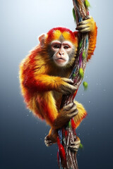 Wall Mural - A cheeky monkey swinging from a tree branch, its fur covered in drips of bright and bold paint, capturing the mischievous nature of these playful animals. Generative AI technology.