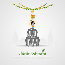 Vector Illustration Of Lord Krishna Playing Dahi Handi In Happy Janmashtami Festival Background Of India