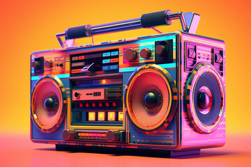 Fototapete - A retro boombox with a cassette player and radio tuner, featuring a bold geometric pattern in vibrant hues, reminiscent of the music culture of the 1980s. Generative AI technology.