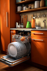 Poster - A compact and efficient dishwasher with multiple wash cycles and adjustable racks, designed to fit seamlessly into any kitchen layout. Generative AI technology.