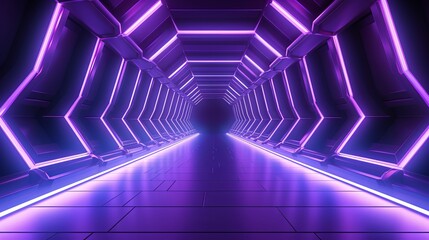 Sticker - Bright modern futuristic alien reflective concrete corridor tunnel empty room with purple and blue neon glowing lights hexagon floor background 3d render