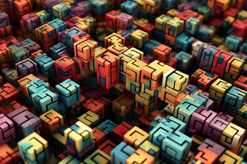 Poster - A complex pattern of interlocking puzzle cubes, resembling a three-dimensional maze or puzzle. Generative AI technology.
