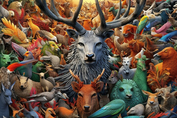 Poster - A mosaic of interlocking animals and wildlife, creating a vibrant and dynamic natural scene.  Generative AI technology.