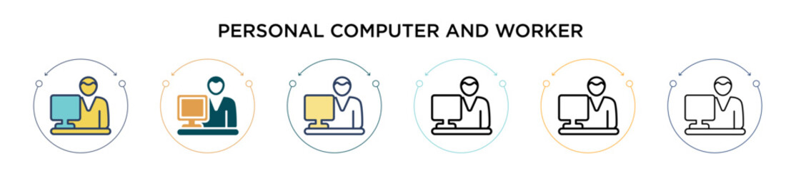 Personal computer and worker icon in filled, thin line, outline and stroke style. Vector illustration of two colored and black personal computer and worker vector icons designs can be used for mobile,