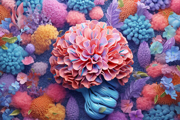 Aufkleber - A pastel brain surrounded by blooming flowers and lush foliage, representing the blossoming of ideas and knowledge. Generative AI technology.