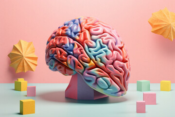 Aufkleber - A pastel brain with abstract geometric shapes and patterns, representing the multifaceted nature of human cognition. Generative AI technology.