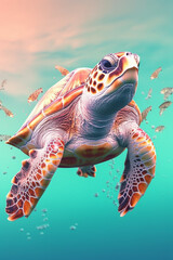 Fototapete - A pastel turtle with a shell in soft shades of mint and peach, moving leisurely through a pastel aquatic world, embodying patience and serenity. Generative AI technology.
