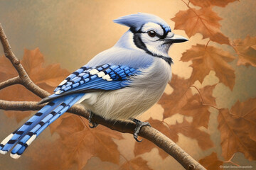Fototapete - A pastel Blue Jay perched on a branch, its feathers adorned with subtle pastel shades and intricate details, radiating a sense of delicacy and freedom.  Generative AI technology.