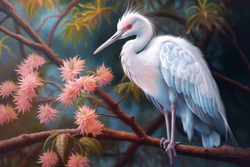Fototapete - A pastel Crane perched on a branch, its feathers adorned with subtle pastel shades and intricate details, radiating a sense of delicacy and freedom. Generative AI technology.