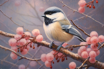 Fototapete - A pastel Chickadee perched on a branch, its feathers adorned with subtle pastel shades and intricate details, radiating a sense of delicacy and freedom. Generative AI technology.