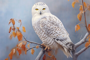 Poster - A pastel Snowy Owl perched on a branch, its feathers adorned with subtle pastel shades and intricate details, radiating a sense of delicacy and freedom.  Generative AI technology.