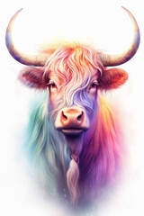 Aufkleber - A pastel-colored Cow with a majestic mane, rendered in soft hues of pink, purple, and blue, exuding a serene and regal presence.  Generative AI technology.