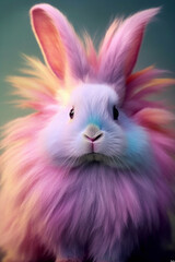 Fototapete - A pastel-colored Rabbit with a majestic mane, rendered in soft hues of pink, purple, and blue, exuding a serene and regal presence. Generative AI technology.