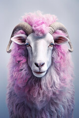 Poster - A pastel-colored Sheep with a majestic mane, rendered in soft hues of pink, purple, and blue, exuding a serene and regal presence. Generative AI technology.