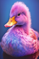 Poster - A pastel-colored Duck with a majestic mane, rendered in soft hues of pink, purple, and blue, exuding a serene and regal presence. Generative AI technology.