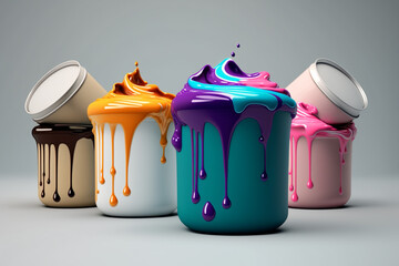 Poster - A set of paint pots with different colors merging and dripping together, symbolizing the harmony and unity of artistic expression. Generative AI technology.