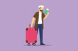 Cartoon flat style drawing Arab man reading textbook. Smart male student standing with open book in hand and suitcase. Enthusiastic reader for educational and hobby. Graphic design vector illustration