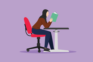 Wall Mural - Graphic flat design drawing Arab girl student reading book in library or bookshop and sitting on chair at table. People read and study education or learning lesson. Cartoon style vector illustration