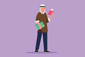 Wall Mural - Cartoon flat style drawing Arab man stands and holds book in hands. Guy reading book. Student in university library. Boy spending spare time by reading literature. Graphic design vector illustration