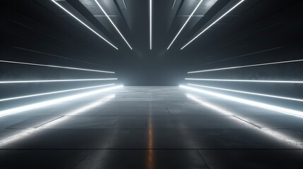 Sticker - Futuristic Sci Fi White neon glowing lines of light in empty dark room with concrete floor with reflections and empty space for text 3D render