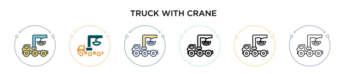 Truck with crane icon in filled, thin line, outline and stroke style. Vector illustration of two colored and black truck with crane vector icons designs can be used for mobile, ui, web