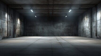 Sticker - Huge Big Dark Hall Garage Tunnel Corridor Car Empty Studio Background White Windows Glowing Cement Asphalt Concrete Grunge Dark High 3D Render