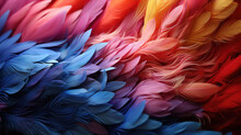 Close-up Of A Vibrant Arrangement Of Soft And Glossy Feathers In A Rainbow Of Colors. Generative Ai