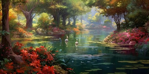 Wall Mural - Duck Pond Harmony - A tranquil pond with ducks gliding on the calm water, surrounded by vibrant foliage. 🦆🍃