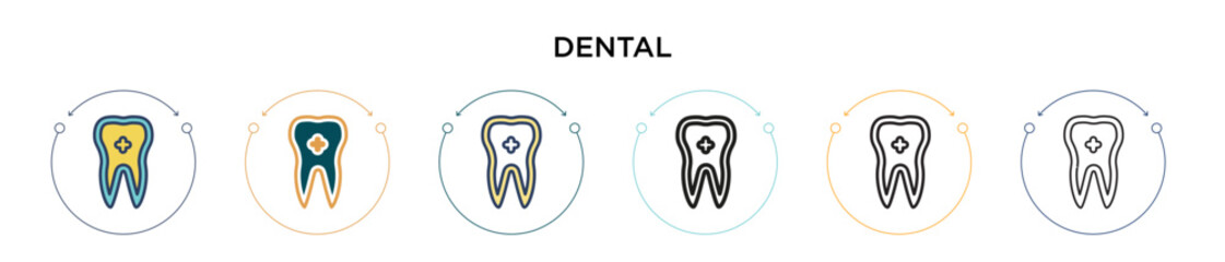 Dental icon in filled, thin line, outline and stroke style. Vector illustration of two colored and black dental vector icons designs can be used for mobile, ui, web