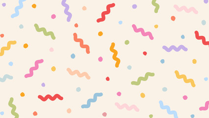 Colorful confetti doodle background. Abstract fun design with upbeat childish scribble. Minimalist festive backdrop. Trendy memphis elements pattern