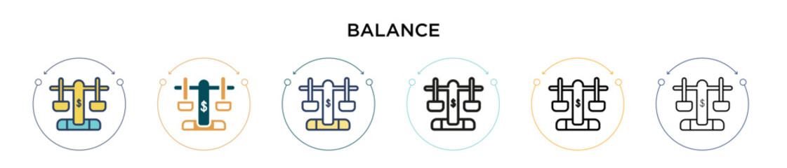 Balance icon in filled, thin line, outline and stroke style. Vector illustration of two colored and black balance vector icons designs can be used for mobile, ui, web