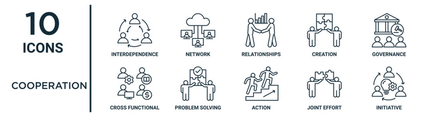 cooperation outline icon set such as thin line interdependence, relationships, governance, problem solving, joint effort, initiative, cross functional icons for report, presentation, diagram, web